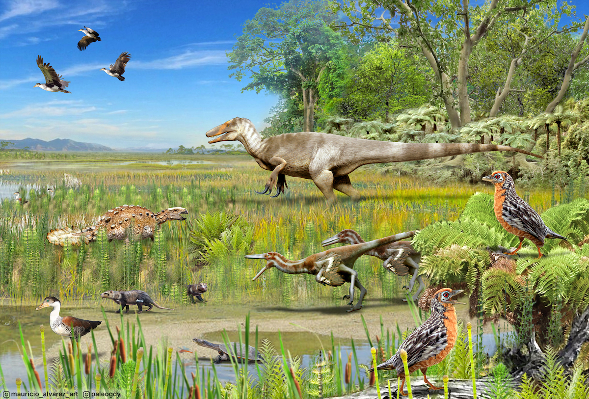 Artistic interpretation of Patagonia during the Upper Cretaceous. Animals depicted include non-avian dinosaurs, birds and other vertebrates that have been discovered in the fossil record of the region. Credit: Mauricio Álvarez and Gabriel Díaz